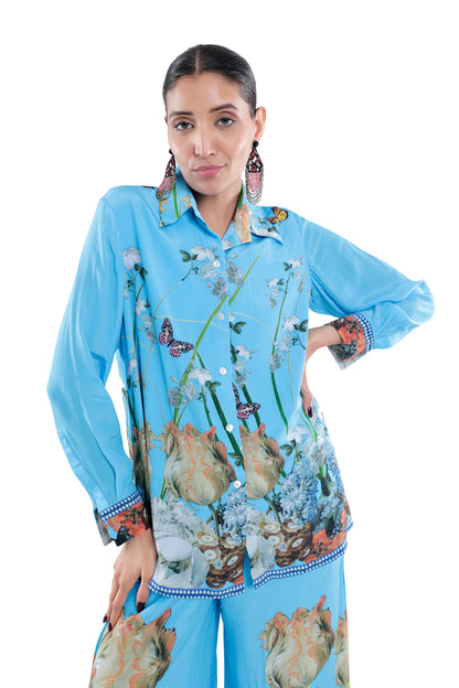 Sky Blue Floral Silk Co-ord Set