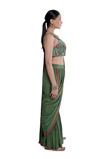 Silk Green Saree & Hand Embroidered Blouse