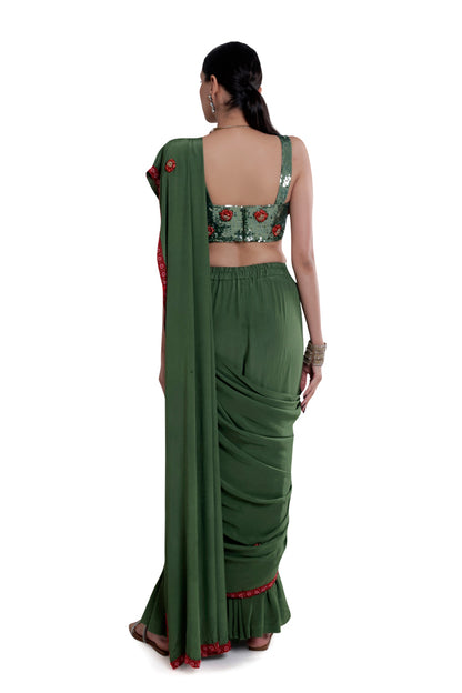 Silk Green Saree & Hand Embroidered Blouse