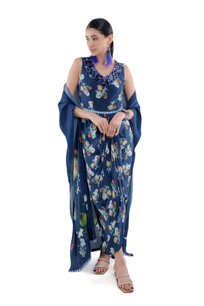 Floral Printed Draped Dress With Cape