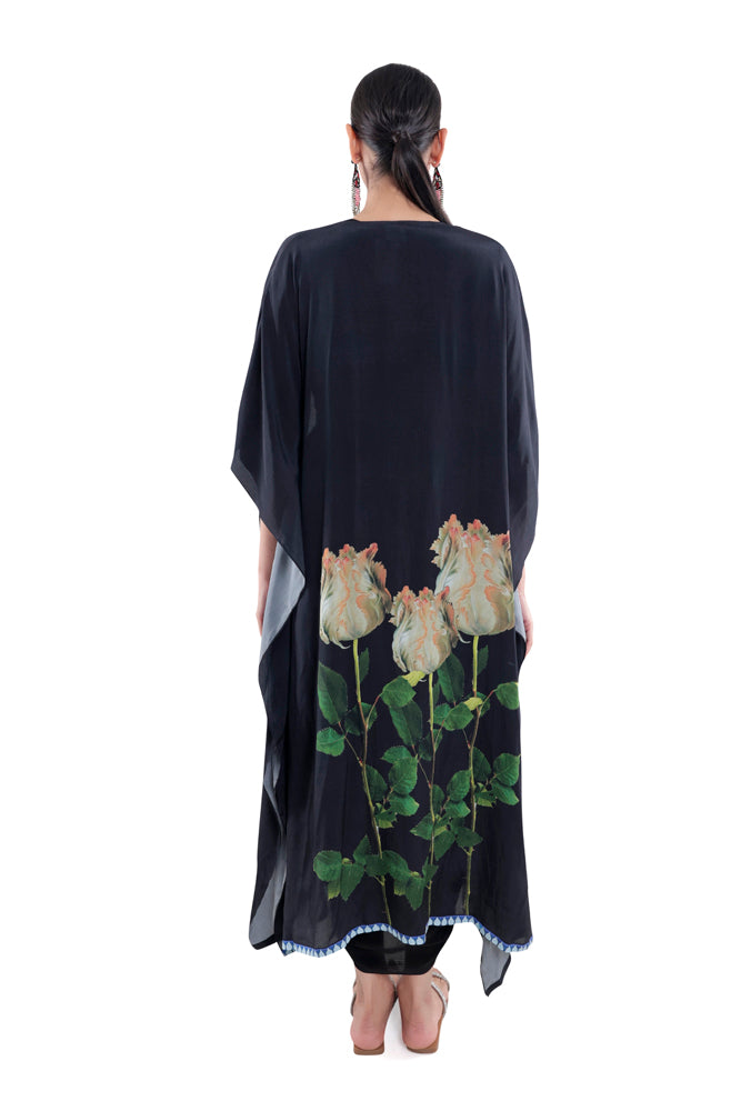 Black Draped Dress & Printed Kaftan Styled Cape