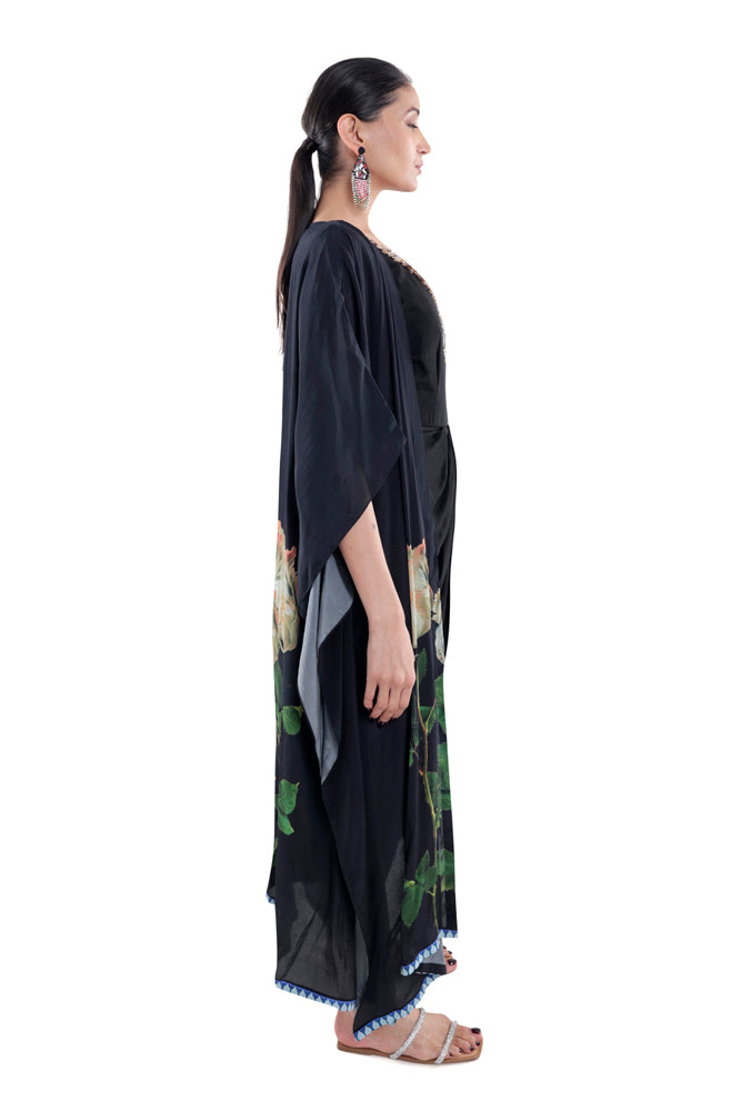 Black Draped Dress & Printed Kaftan Styled Cape