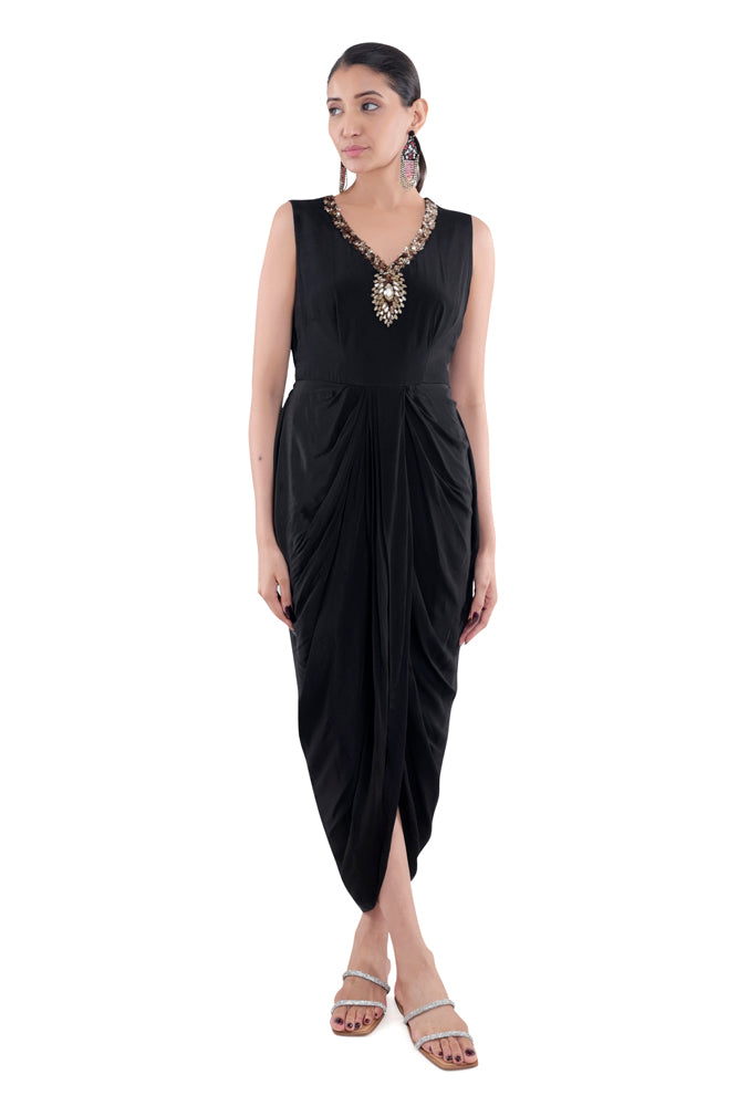 Black Draped Dress & Printed Kaftan Styled Cape