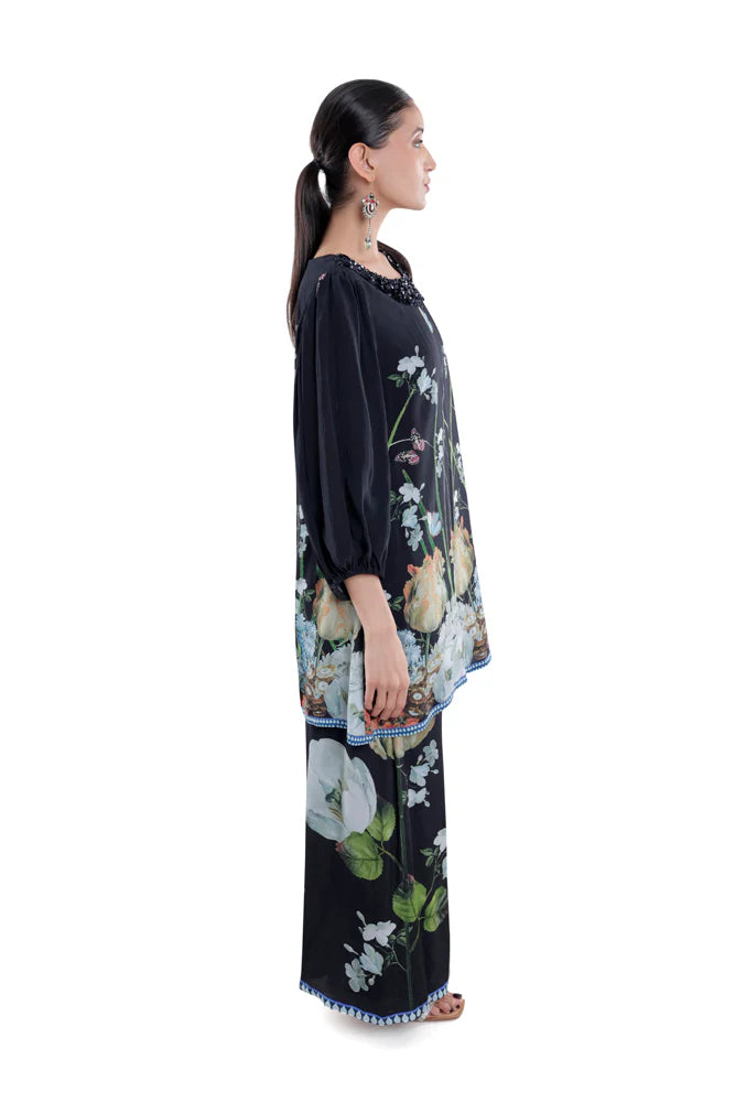 Floral Printed Silk Balloon Sleeve in Black/White/Blue Co-ord Sets