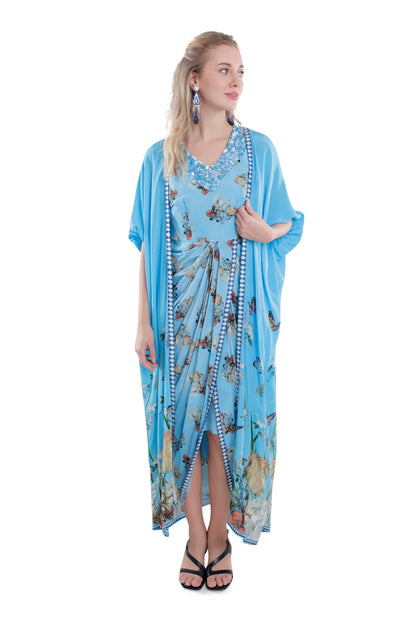 Printed Sky Blue Draped Skirt Dress With Cape