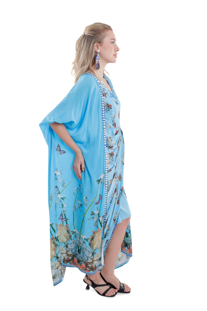 Printed Sky Blue Draped Skirt Dress With Cape