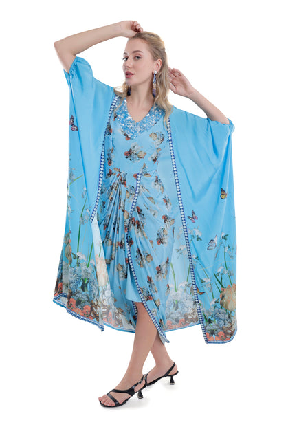 Printed Sky Blue Draped Skirt Dress With Cape