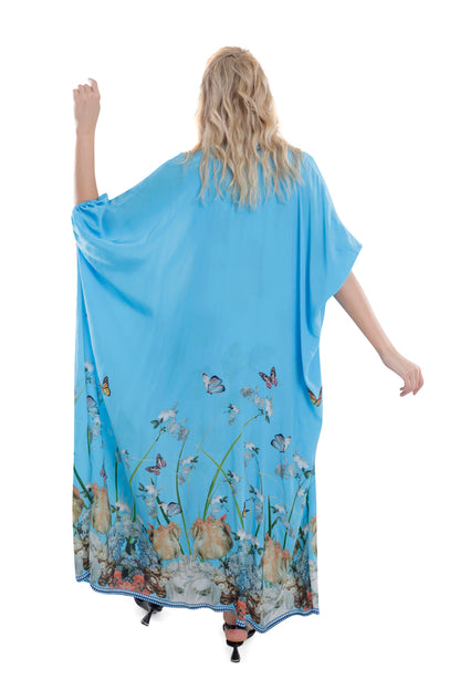 Printed Sky Blue Draped Skirt Dress With Cape