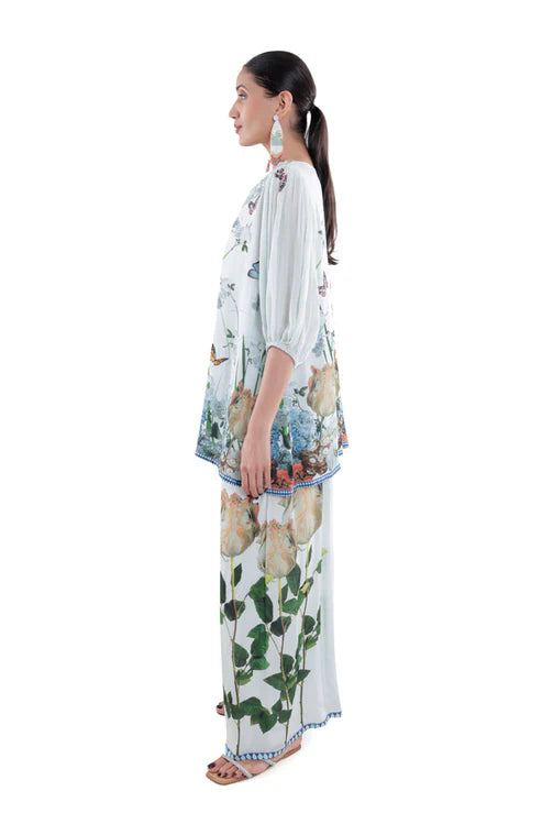 Floral Printed Silk Balloon Sleeve in Black/White/Blue Co-ord Sets