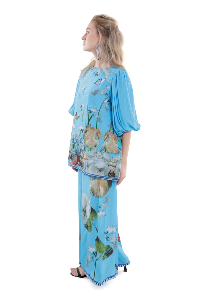 Sky Blue Silk Balloon Sleeve Co-ord Set