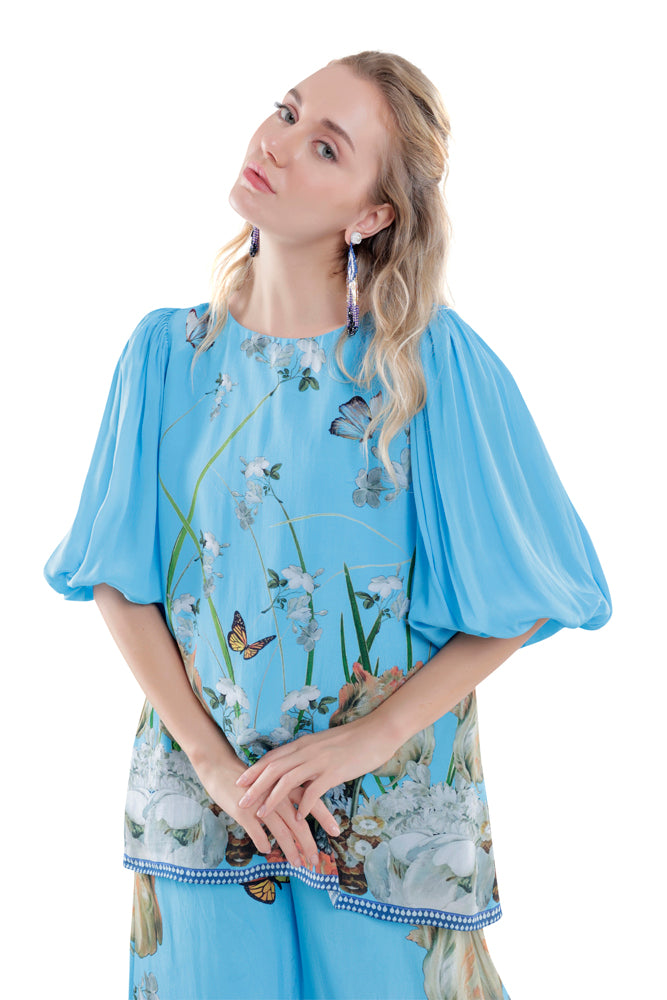 Sky Blue Silk Balloon Sleeve Co-ord Set