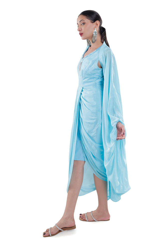 Sky Blue Embroidered Dress With Ruched Cape