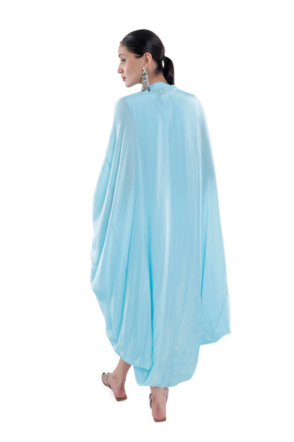 Sky Blue Embroidered Dress With Ruched Cape