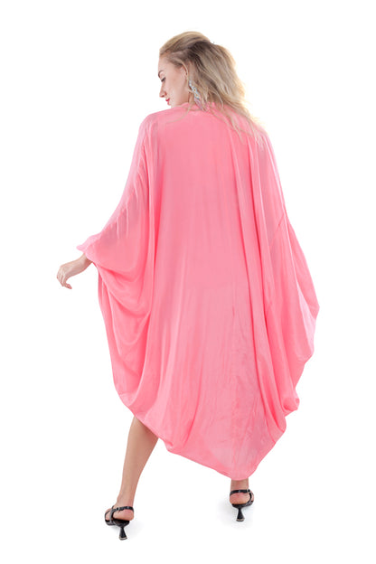 Peach Embroidered Draped Dress With Ruched Cape