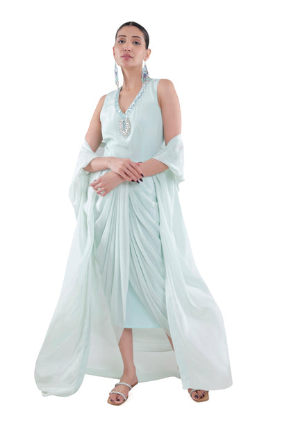 Embroidered Draped Dress With Ruched Cape