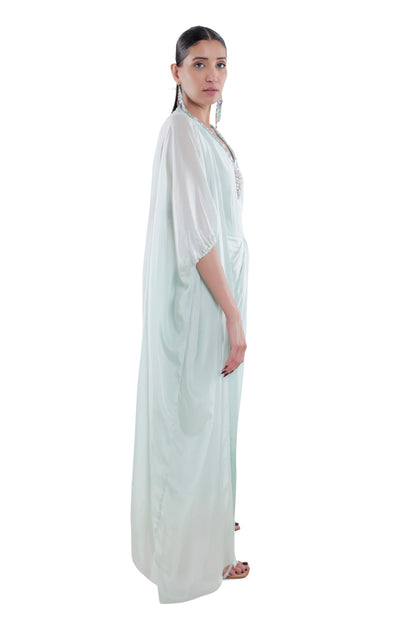 Embroidered Draped Dress With Ruched Cape