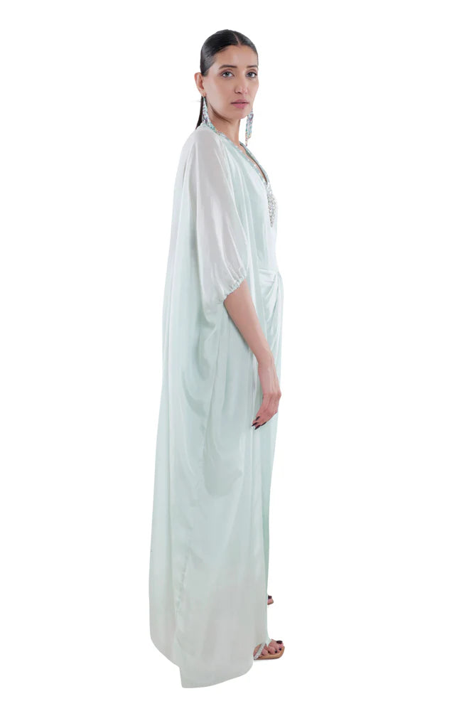 Embroidered Dress in Sky Blue/ Peach/ Aqua Blue  colours With Ruched Cape