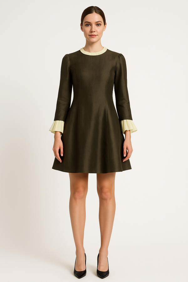 A-line dress with Georgette pleated sleeves and neck