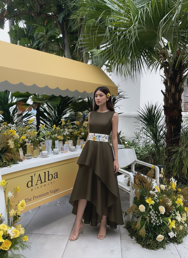 Asymmetric 2 tier embroidered belt dress