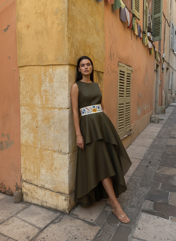 Asymmetric 2 tier embroidered belt dress