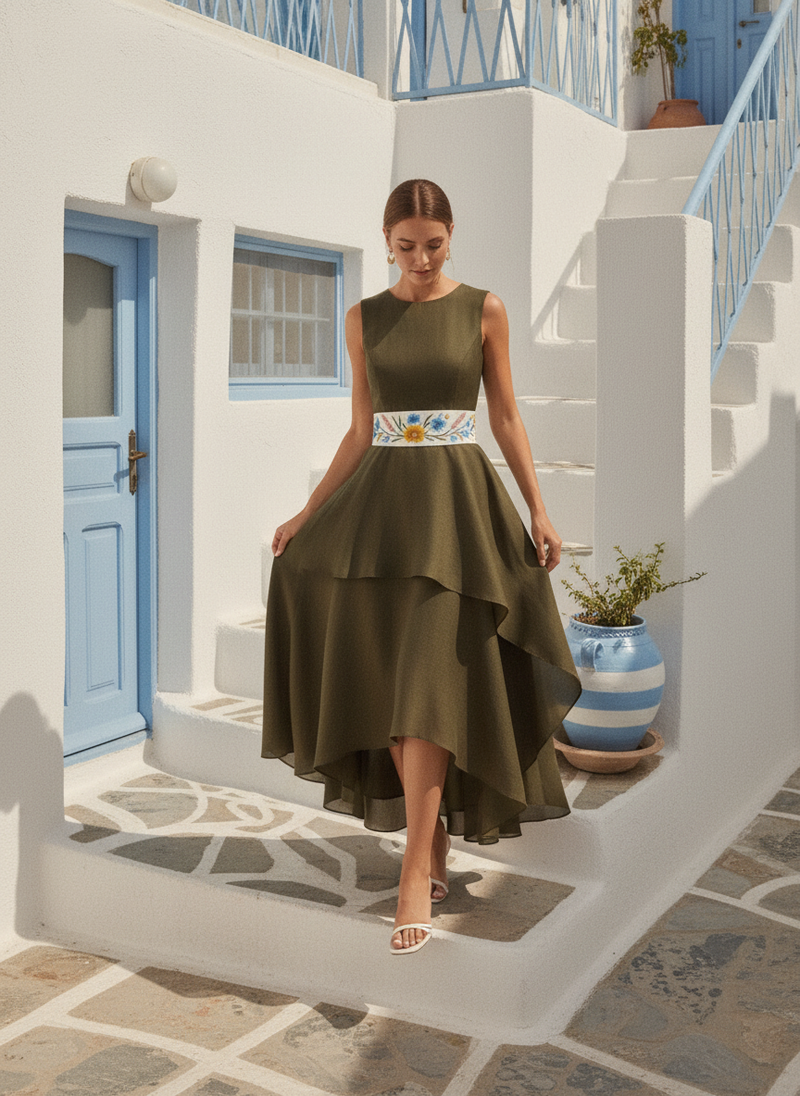Asymmetric 2 tier embroidered belt dress