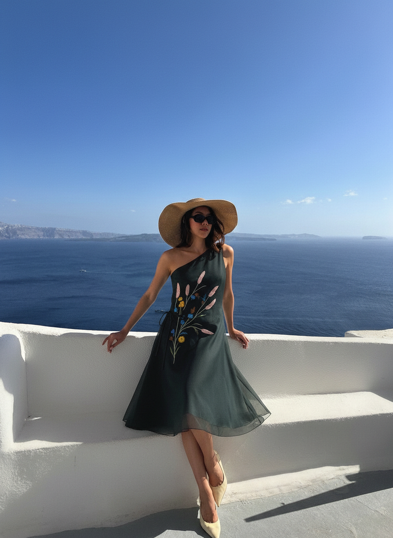 Waist embroidered Tie-up One-shoulder dress