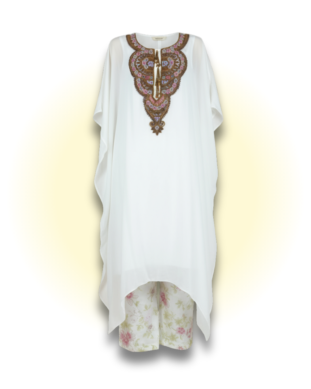 Hand Embroidered White Silk Tunic Set