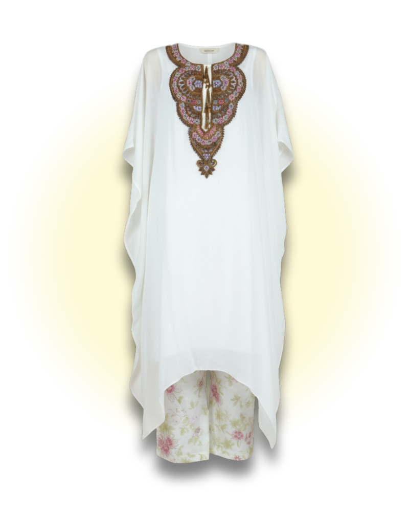 Hand Embroidered White Silk Tunic Set