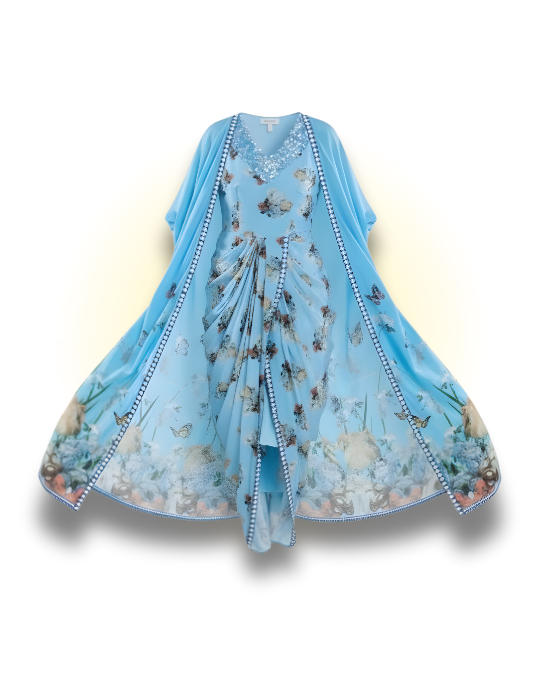 Printed Sky Blue/ Black Draped Skirt Dress With Cape