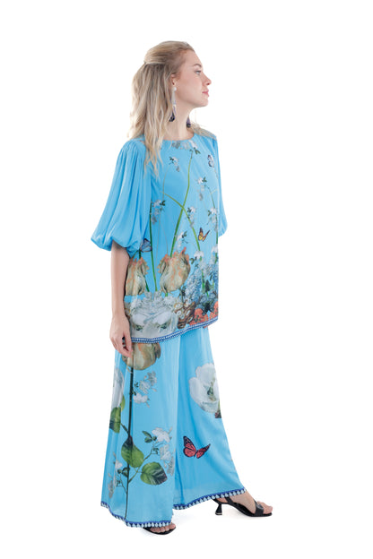 Sky Blue Silk Balloon Sleeve Co-ord Set