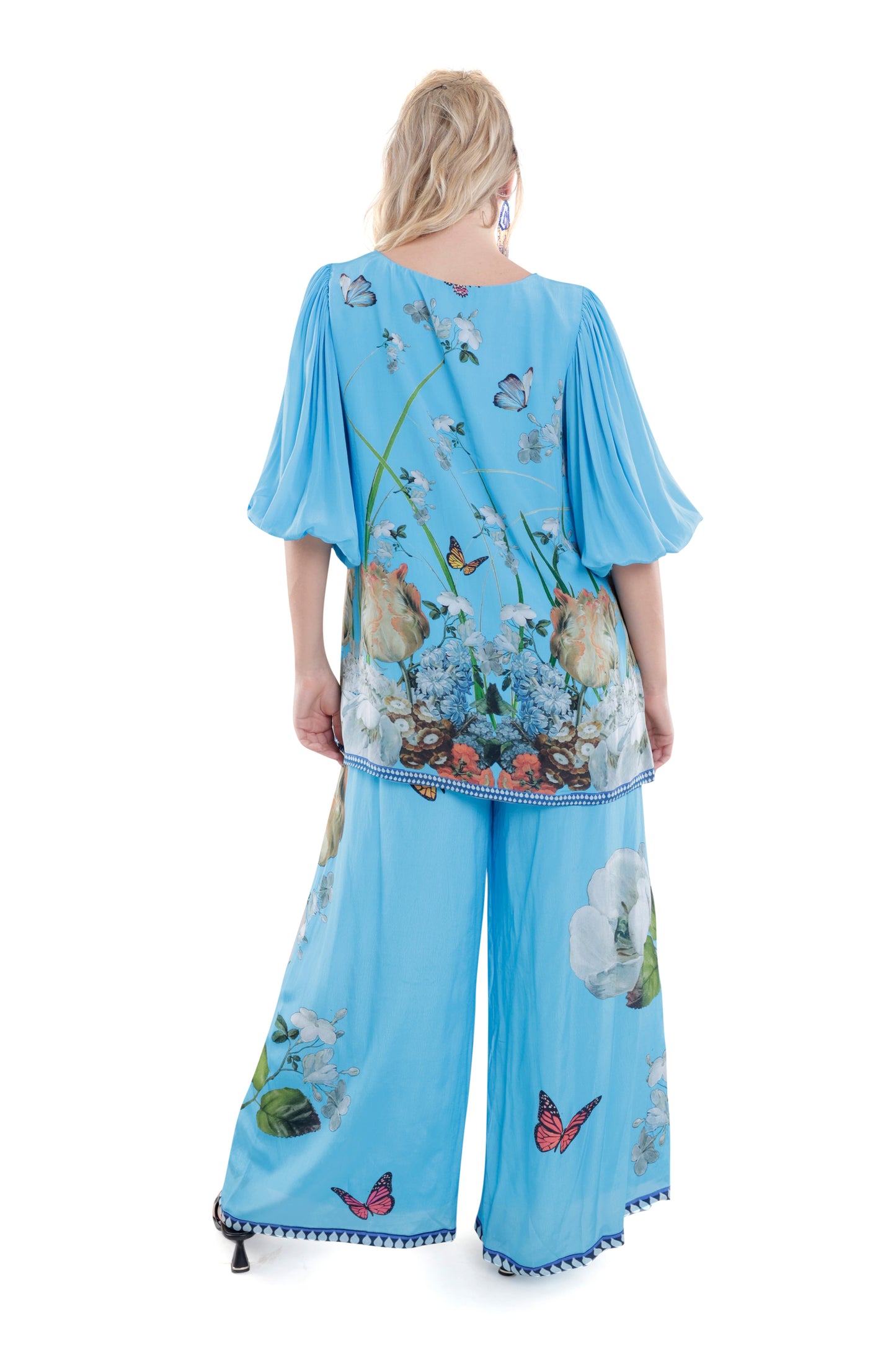 Sky Blue Silk Balloon Sleeve Co-ord Set