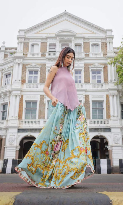 Floral Embroidered Skirt With Halter Neck Top