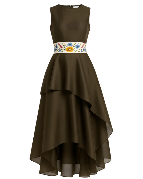 Asymmetric 2 tier embroidered belt dress