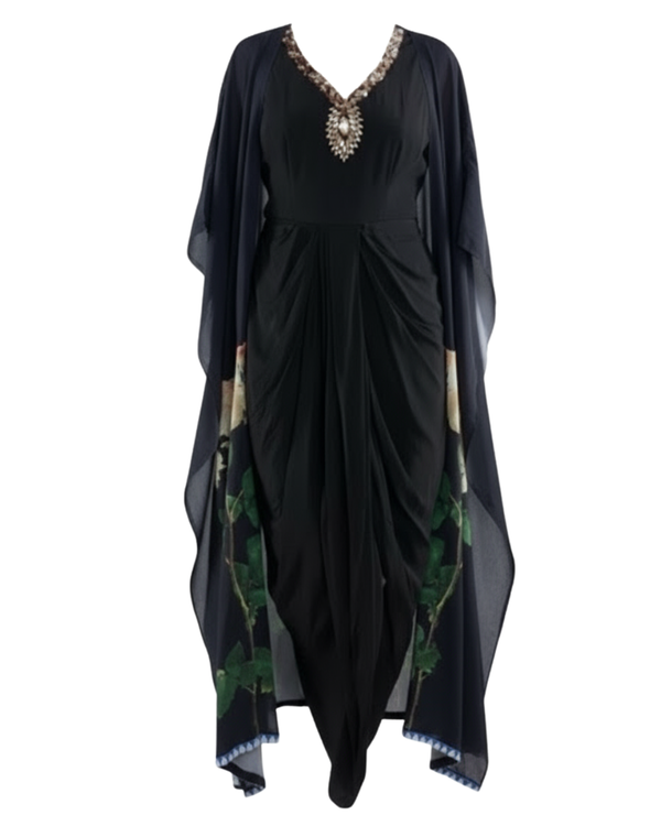 Black Draped Dress & Printed Kaftan Styled Cape
