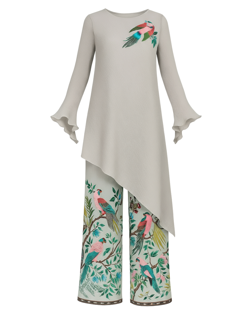 Asymmetrical Micro Pleated Tunic With Printed Relaxed Pants
