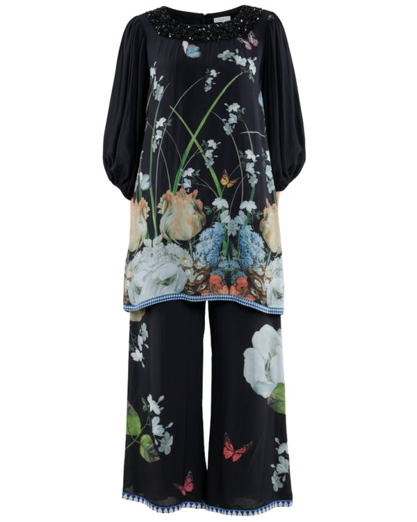 Floral Printed Silk Balloon Sleeve in Black/White/Blue Co-ord Sets