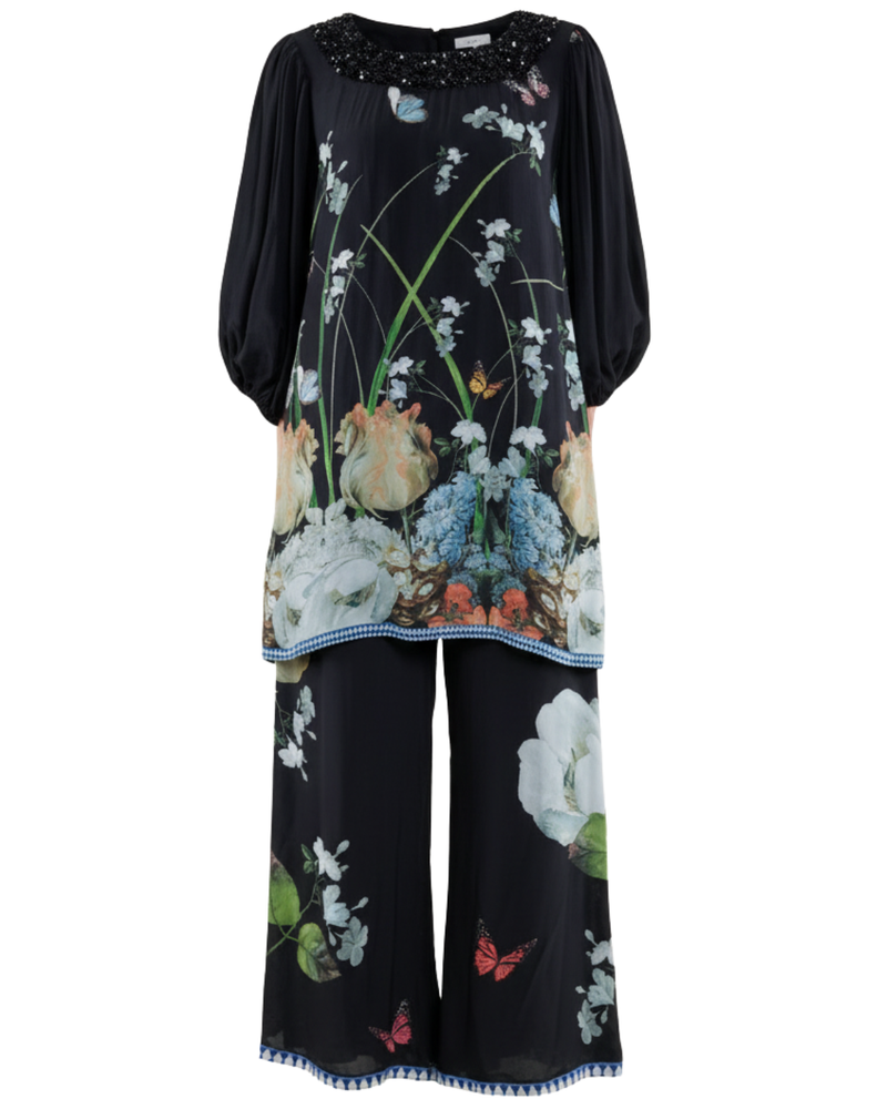 Floral Printed Silk Balloon Sleeve in Black/White/Blue Co-ord Sets
