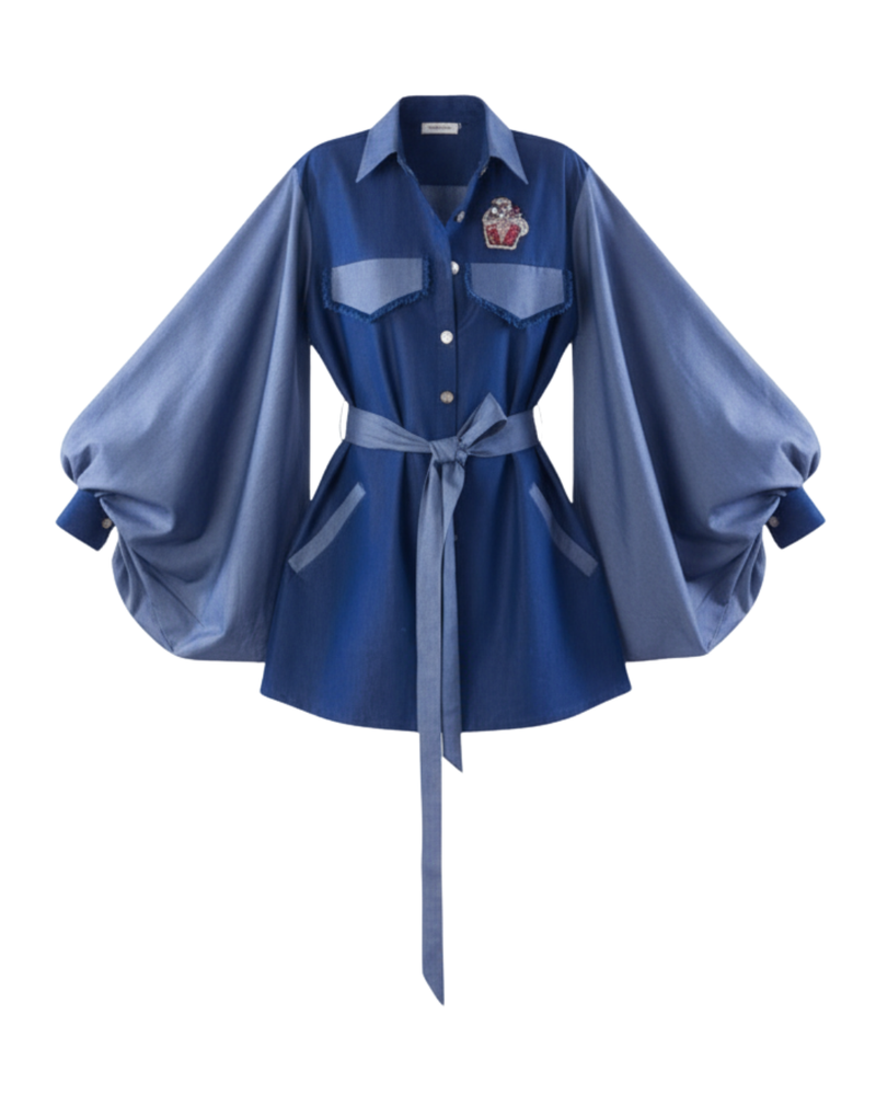 Color Block Denim Shirt dress With Belt