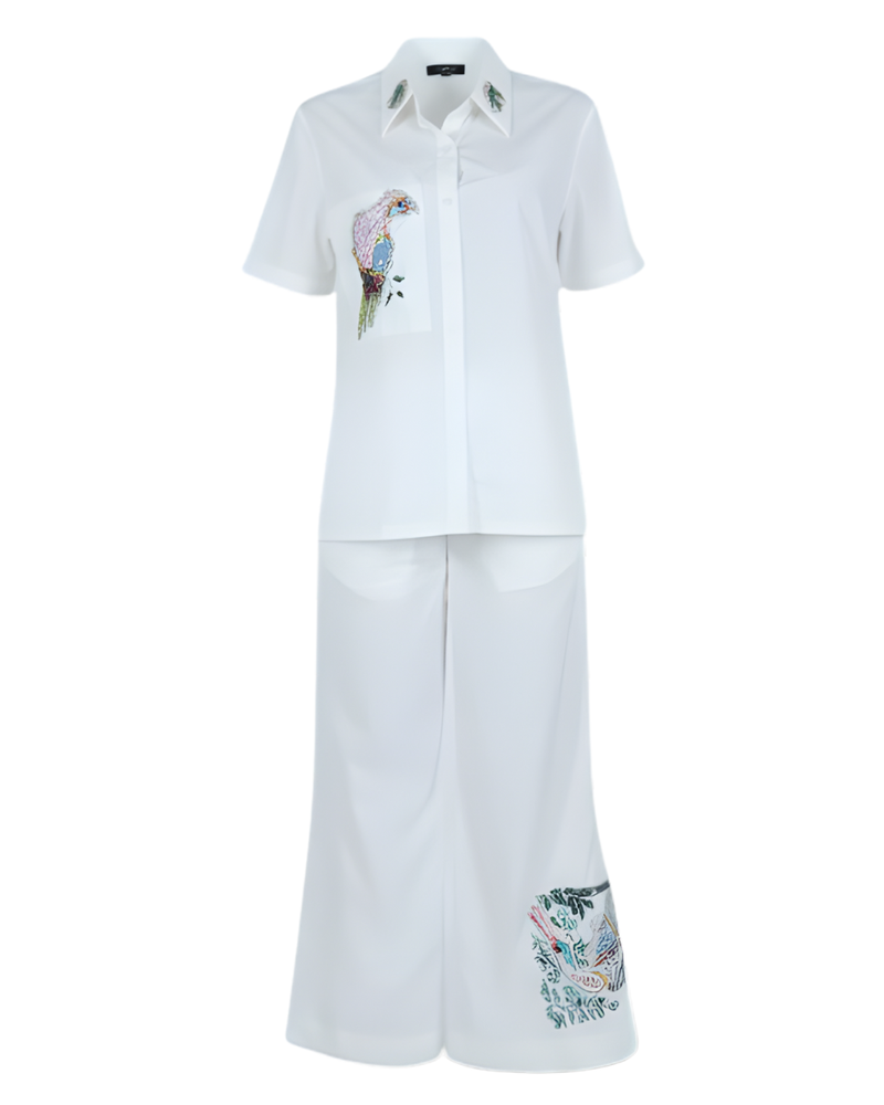 Bird Embroidered White Shirt Dress