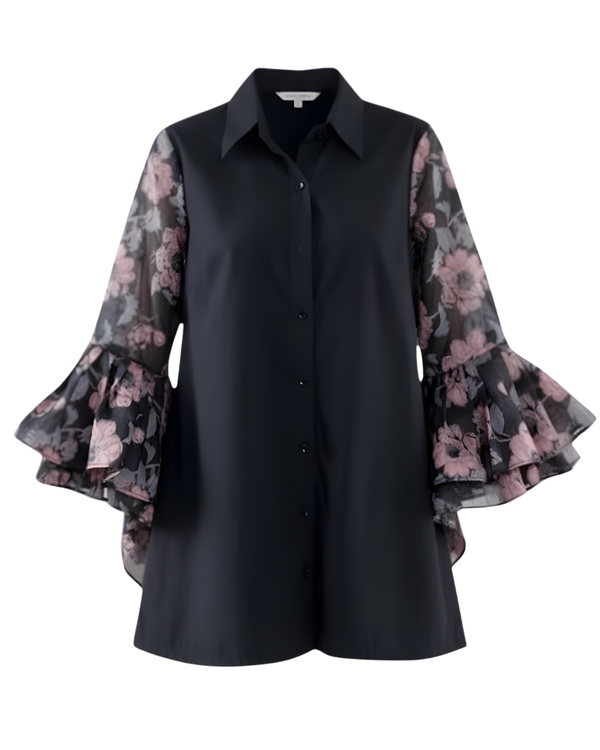 Floral Pleated Sleeve Shirt Dress