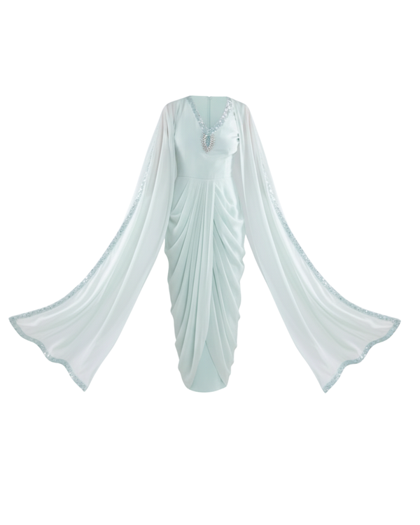 Embroidered Dress in Sky Blue/ Peach/ Aqua Blue  colours With Ruched Cape