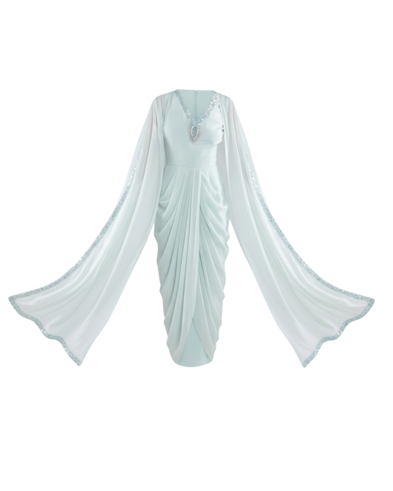 Embroidered Dress in Sky Blue/ Peach/ Aqua Blue  colours With Ruched Cape