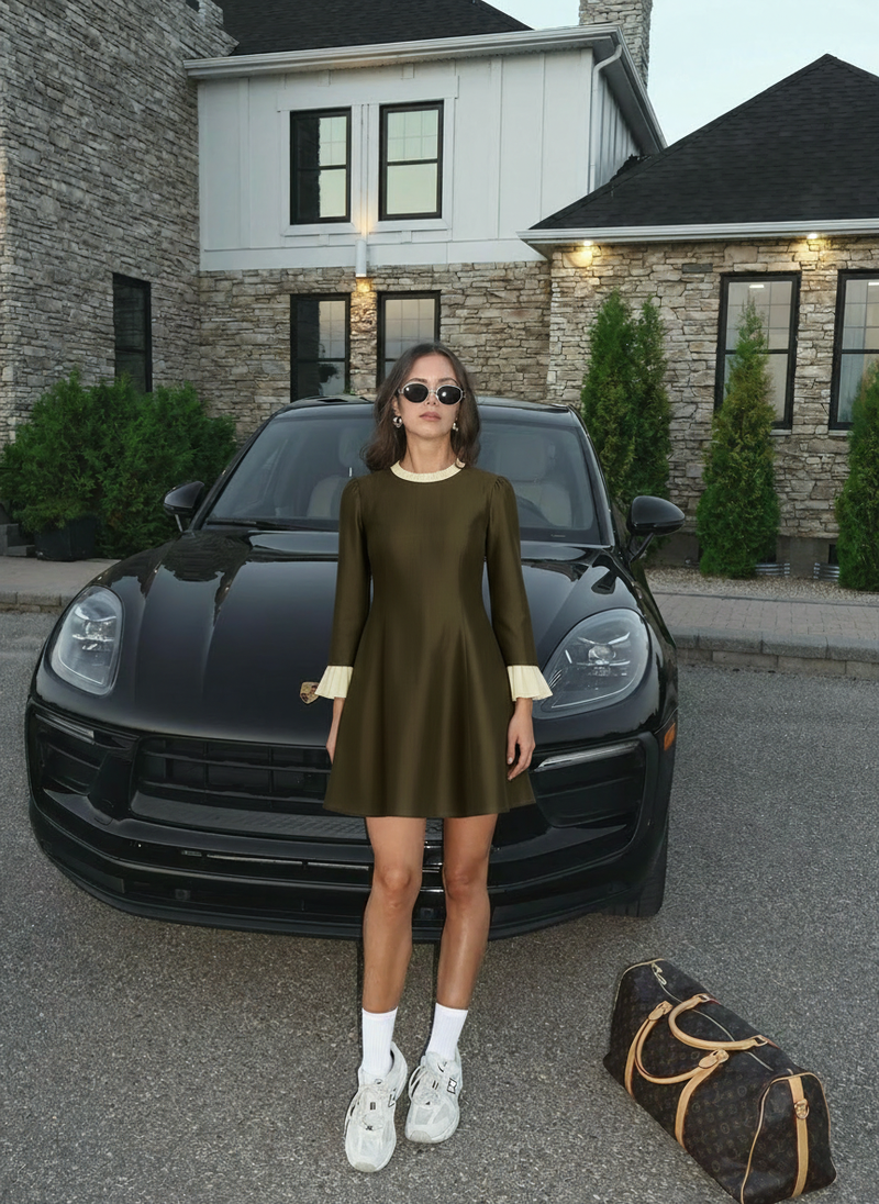 A-line dress with Georgette pleated sleeves and neck