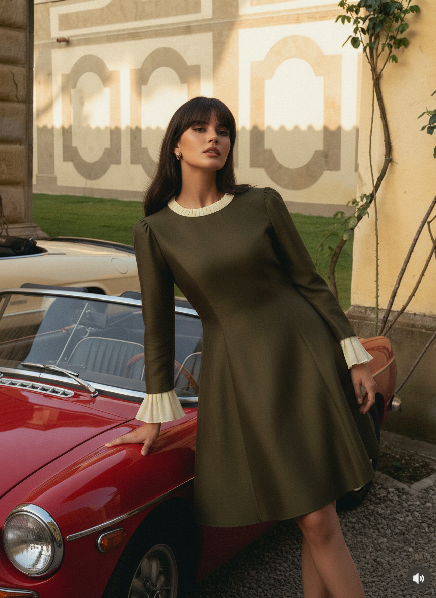 A-line dress with Georgette pleated sleeves and neck
