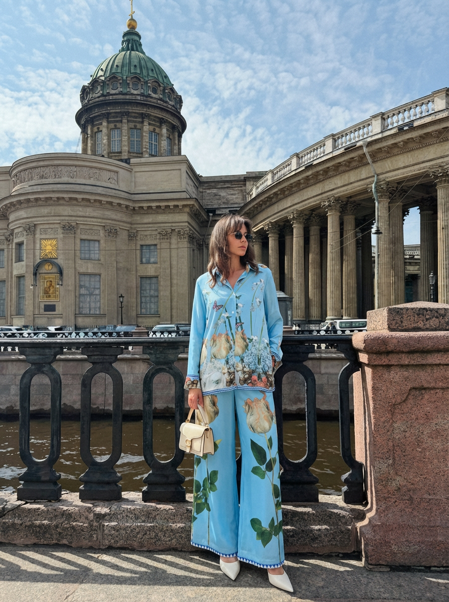 Floral Silk in Sky Blue/M Co-ord Set