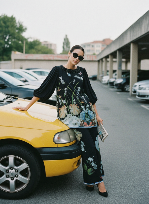 Floral Printed Silk Balloon Sleeve in Black/White/Blue Co-ord Sets