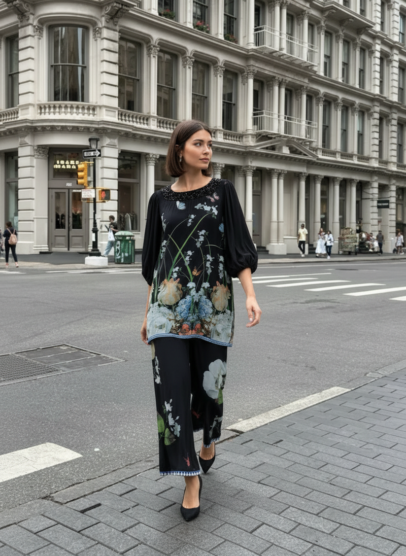 Floral Printed Silk Balloon Sleeve in Black/White/Blue Co-ord Sets