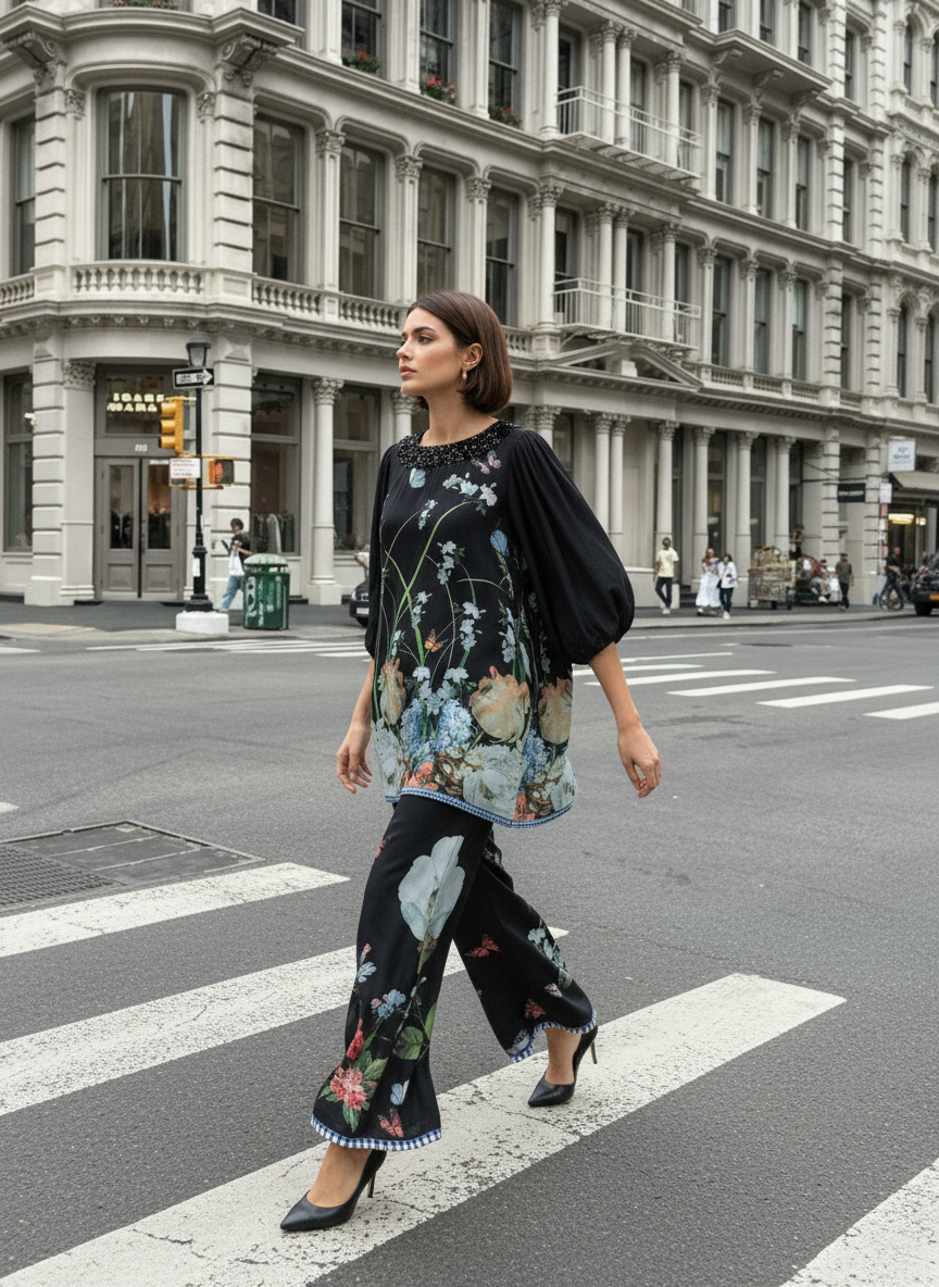 Floral Printed Silk Balloon Sleeve in Black/White/Blue Co-ord Sets